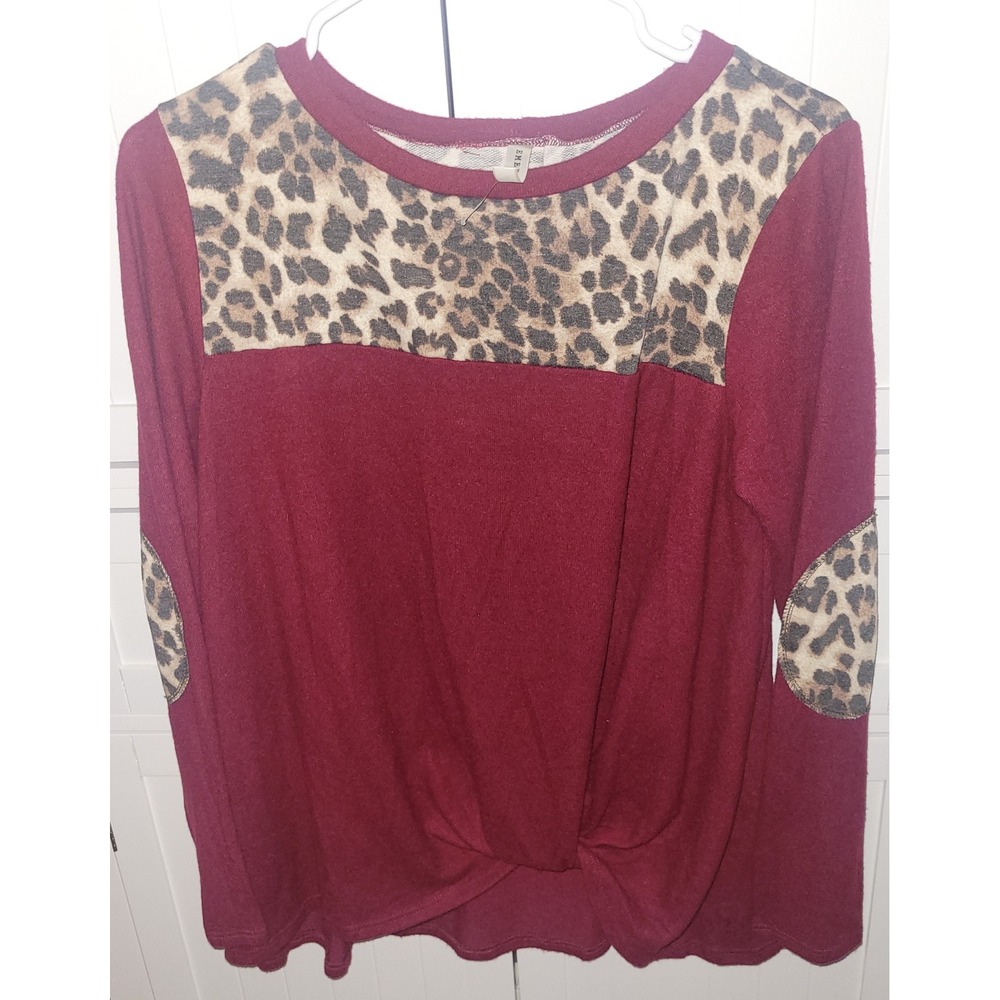 Emerald Leopard Print Color boutique‎ Block Long Sleeve Top Burgundy Size M